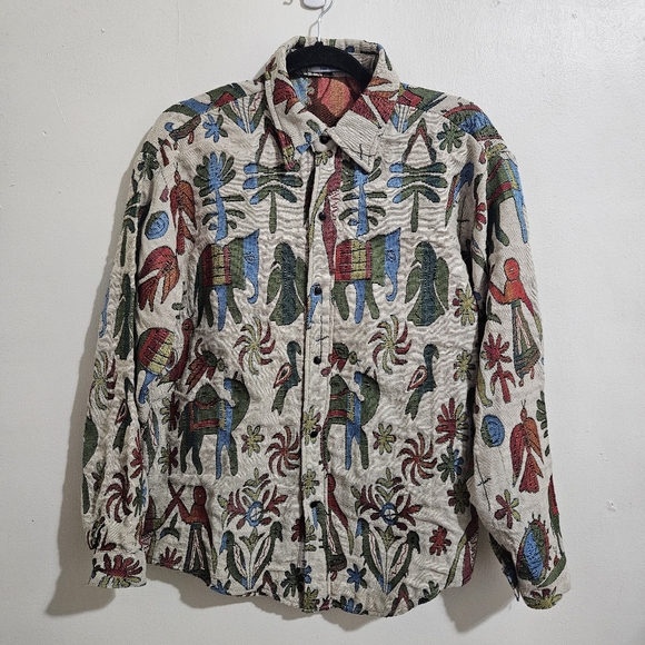 Aelfric Eden Tapestry Elephant & Camel Jacquard Button Down Shirt Small - Picture 2 of 15